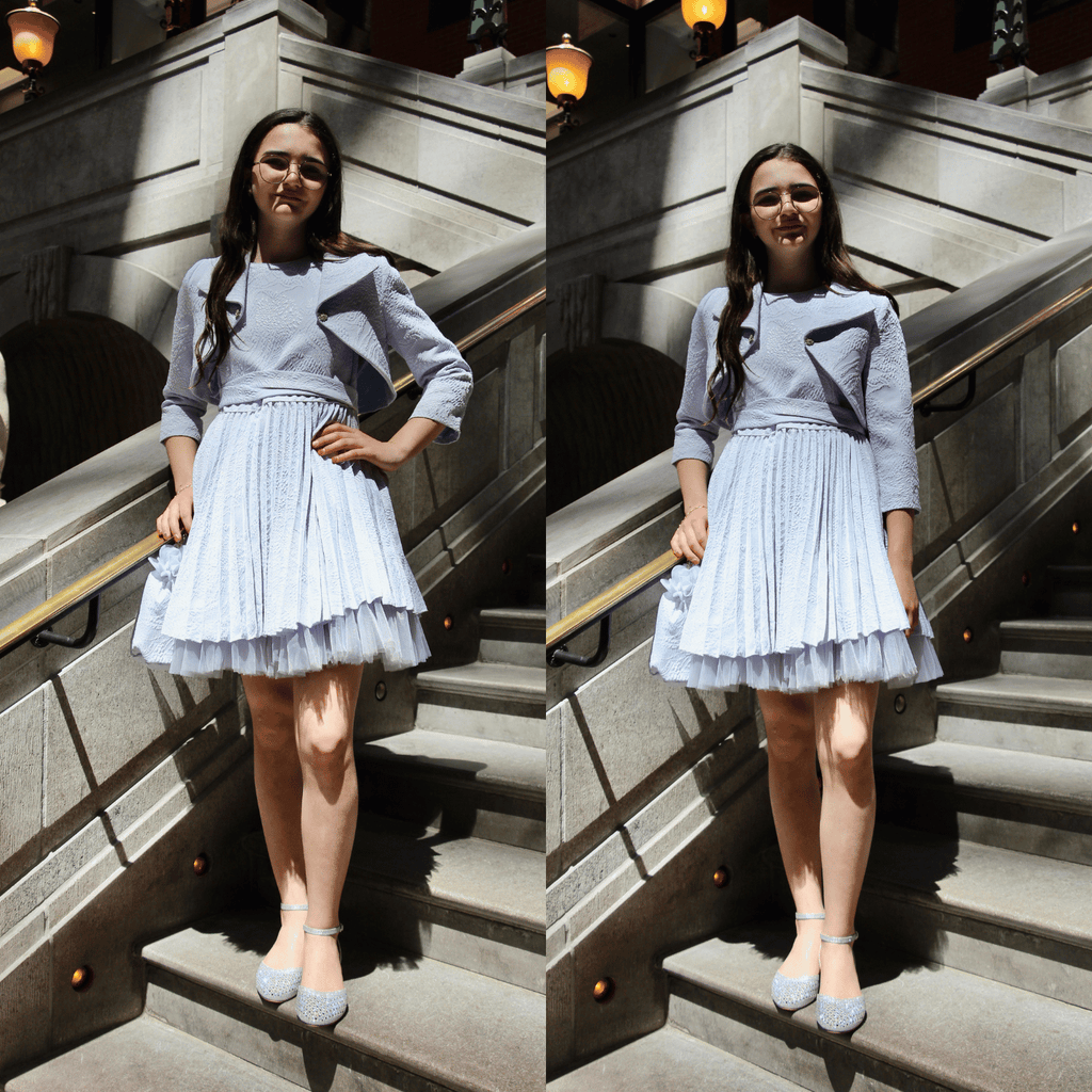 Robe & Veste Fille Mimi Strong – Jacquard Brillant & Strass | Girls Jacquard Formal Dress & Coat Set