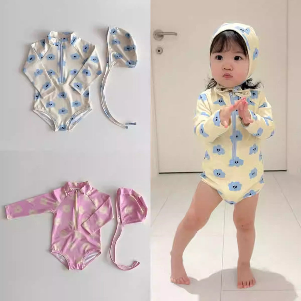 Cloud flower long sleeved one-piece swimsuit