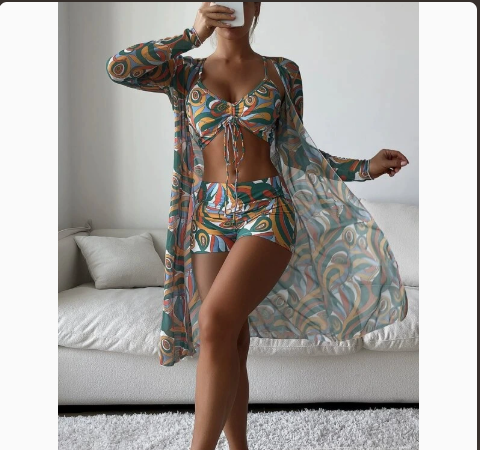 Fashionable Sexy Mesh Cover-Up with Leg-Length Briefs Three-Piece Swimwear Set for Women