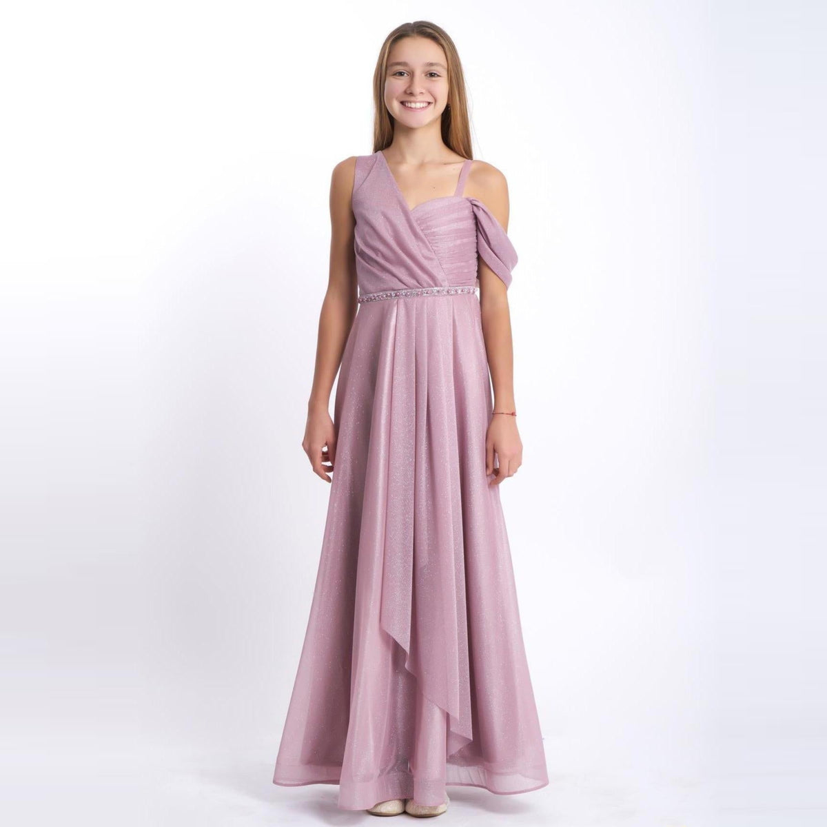 Robe Longue Fille Miss Majestic – Organza Scintillant Manche Stylishée | Girls Long Sparkly Organza Formal Dress