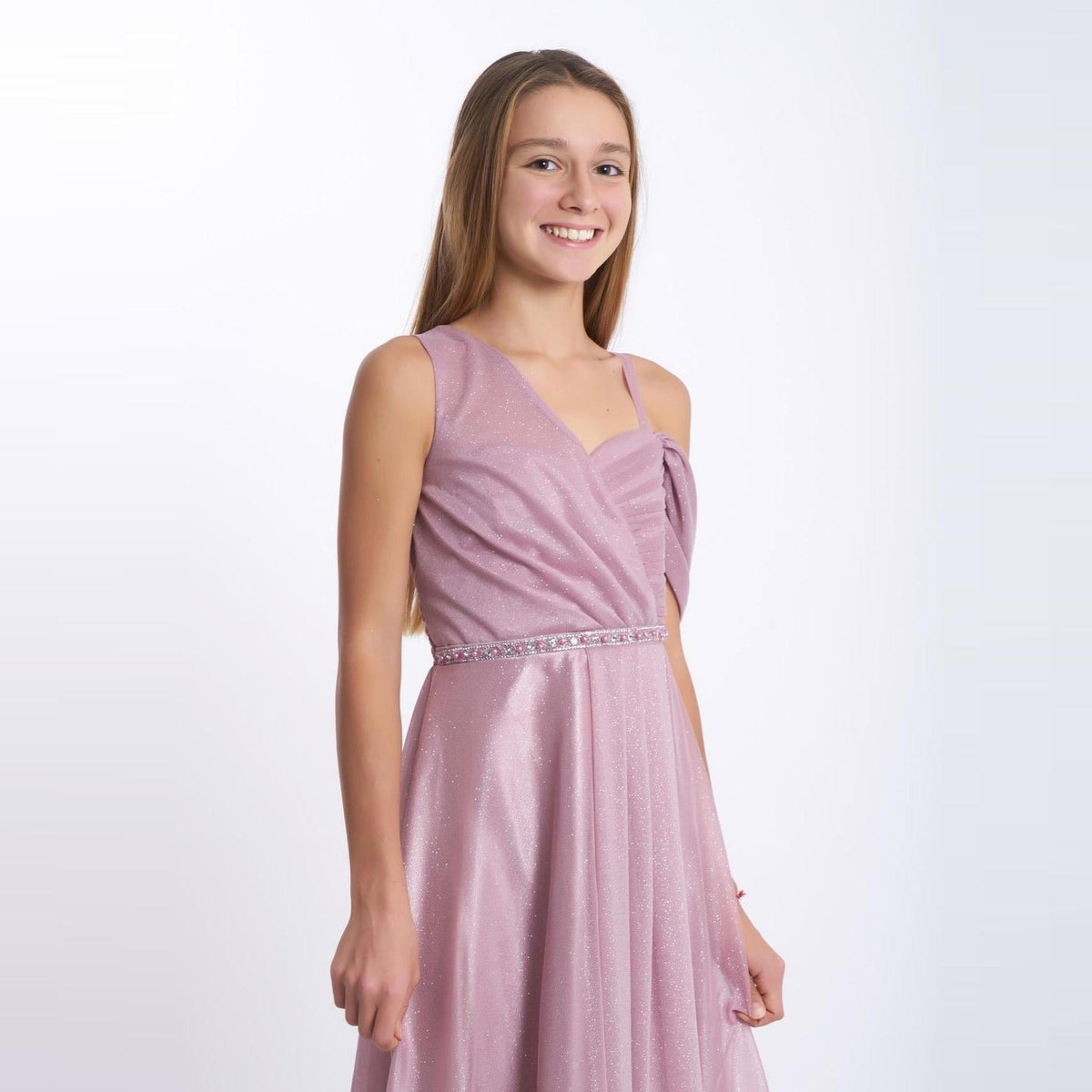 Robe Longue Fille Miss Majestic – Organza Scintillant Manche Stylishée | Girls Long Sparkly Organza Formal Dress