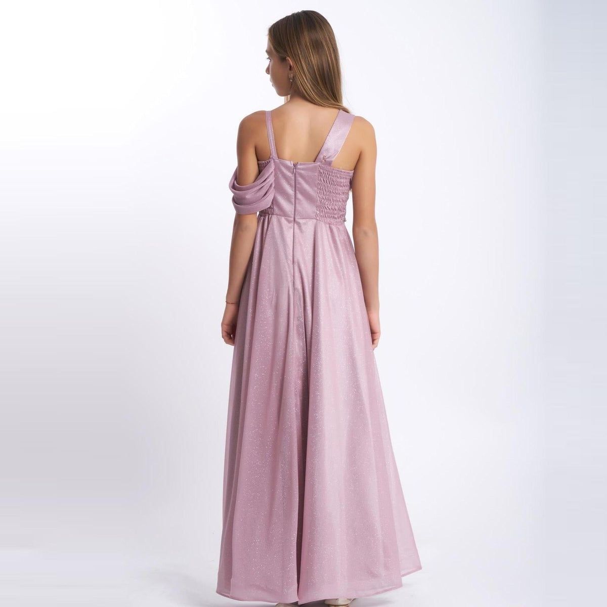 Robe Longue Fille Miss Majestic – Organza Scintillant Manche Stylishée | Girls Long Sparkly Organza Formal Dress