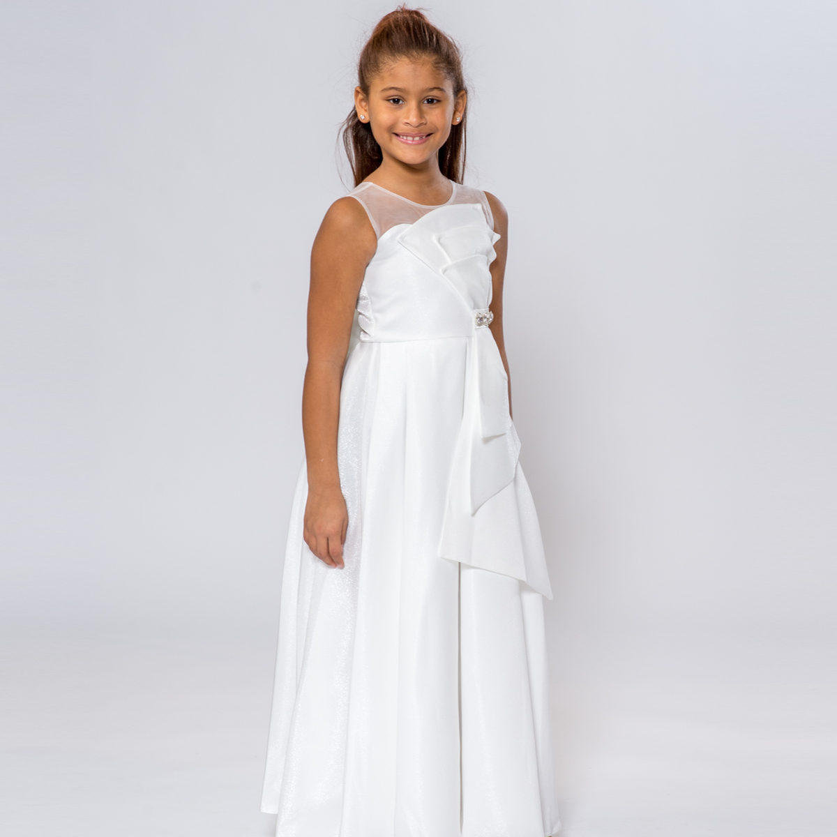 Robe Ligne A Fille Gaia Glamour – Satin Cristal Grand Nœud & Strass | Girls Crystal Satin A-Line Dress