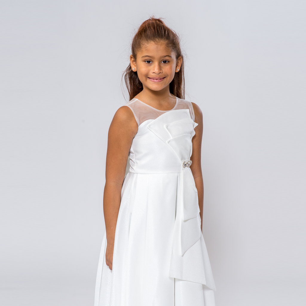 Robe Ligne A Fille Gaia Glamour – Satin Cristal Grand Nœud & Strass | Girls Crystal Satin A-Line Dress