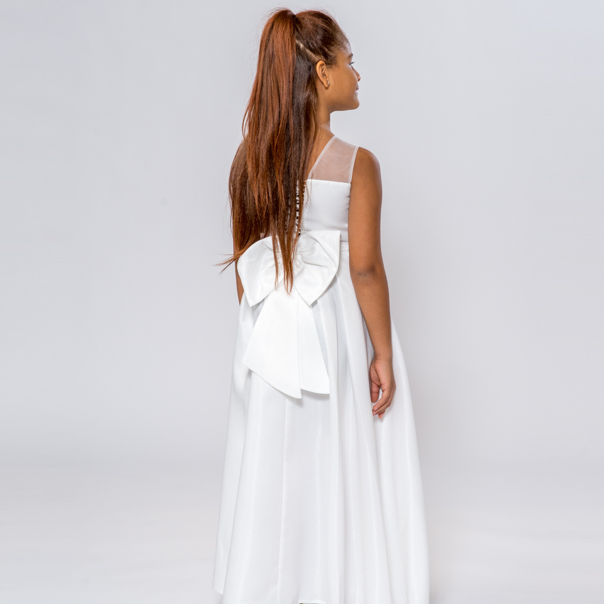 Robe Ligne A Fille Gaia Glamour – Satin Cristal Grand Nœud & Strass | Girls Crystal Satin A-Line Dress