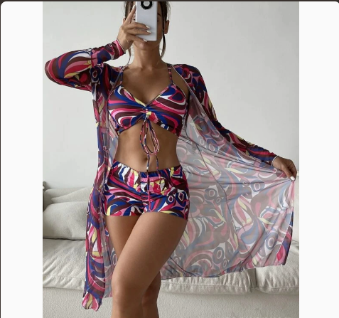 Fashionable Sexy Mesh Cover-Up with Leg-Length Briefs Three-Piece Swimwear Set for Women