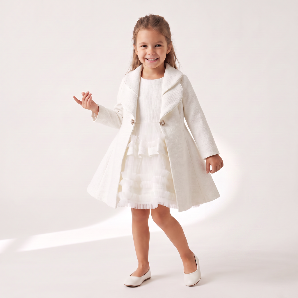 Ensemble Robe & Manteau Fille Kiki's Trend – Jacquard Blanc & Strass | Girls Jacquard Dress & Coat Set