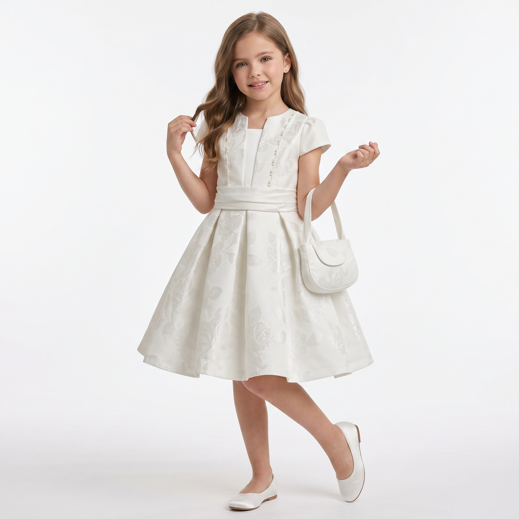 Robe Fille Aix – Élégance Française Blanc Cassé Floral | Aix Girls Elegant Off-White Floral Dress