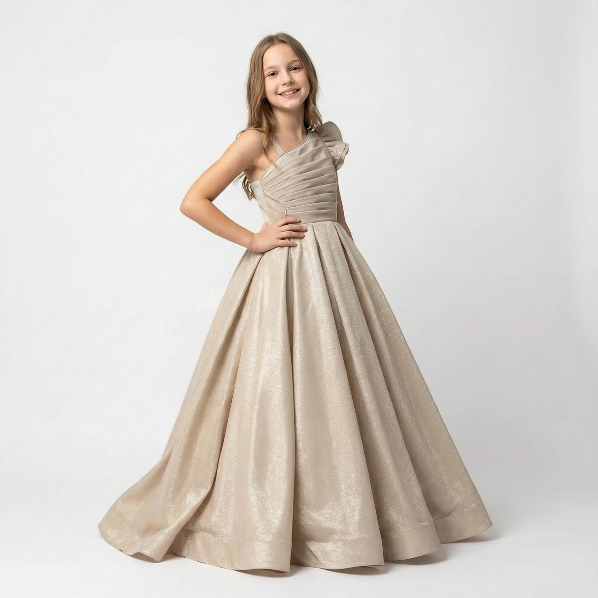 Robe de Cérémonie Fille Arena – Une Épaule Champagne | Arena Girls Formal One-Shoulder Dress