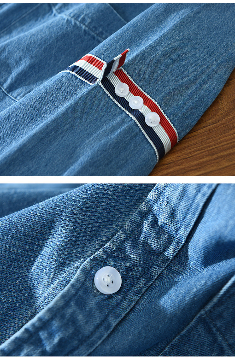 8840 trend new bar webbing stitching shirt men's long sleeve pocket blue casual shirt a generation of hair