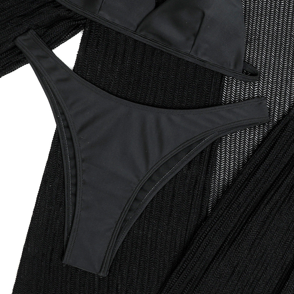 2025 European and American Pure Color New Beach Sun Protection Mesh Shirt Shorts Four-Piece Swimsuit Swimsuit Cross-Border Export