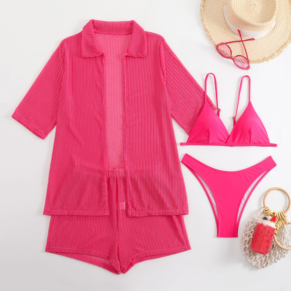 2025 European and American Pure Color New Beach Sun Protection Mesh Shirt Shorts Four-Piece Swimsuit Swimsuit Cross-Border Export