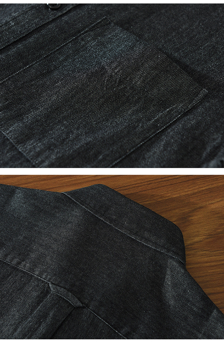 8840 trend new bar webbing stitching shirt men's long sleeve pocket blue casual shirt a generation of hair