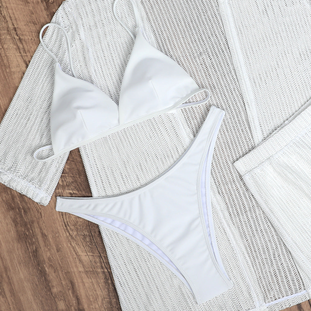 2025 European and American Pure Color New Beach Sun Protection Mesh Shirt Shorts Four-Piece Swimsuit Swimsuit Cross-Border Export