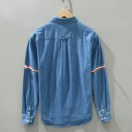8840 trend new bar webbing stitching shirt men's long sleeve pocket blue casual shirt a generation of hair