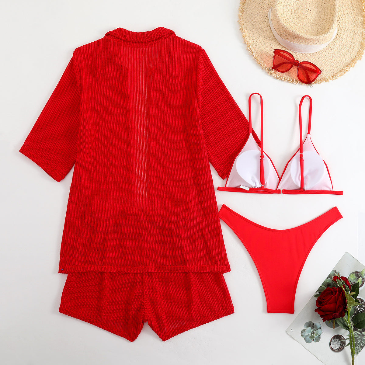 2025 European and American Pure Color New Beach Sun Protection Mesh Shirt Shorts Four-Piece Swimsuit Swimsuit Cross-Border Export