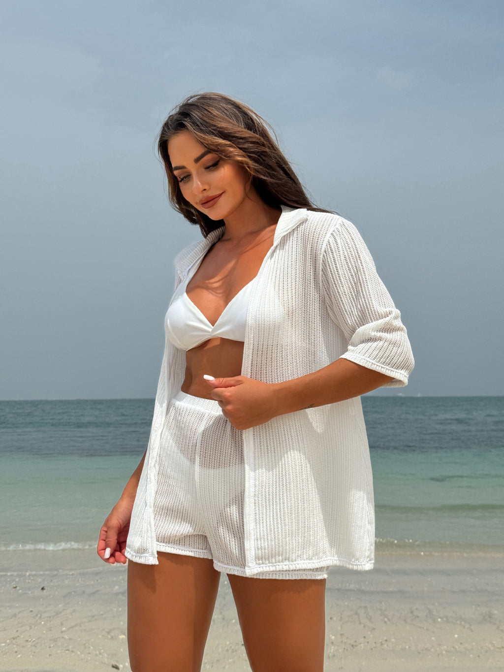 2025 European and American Pure Color New Beach Sun Protection Mesh Shirt Shorts Four-Piece Swimsuit Swimsuit Cross-Border Export