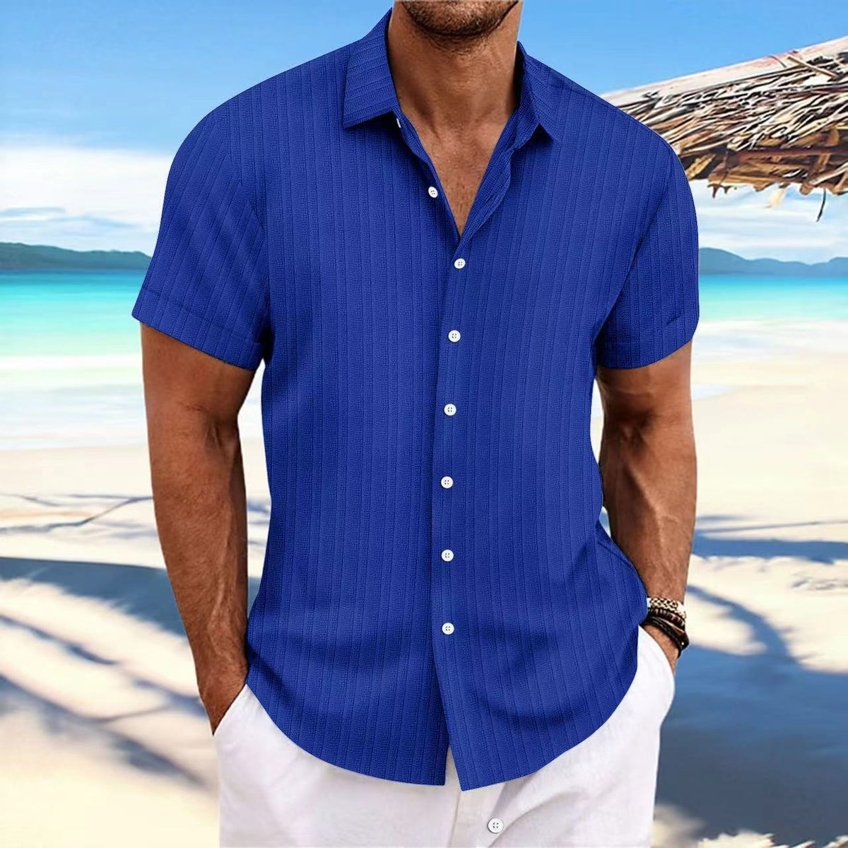 Cross-border Explosions Amazon AliExpress New Men's Cotton and Linen Striped Jacquard Casual Loose Short-sleeved Shirt
