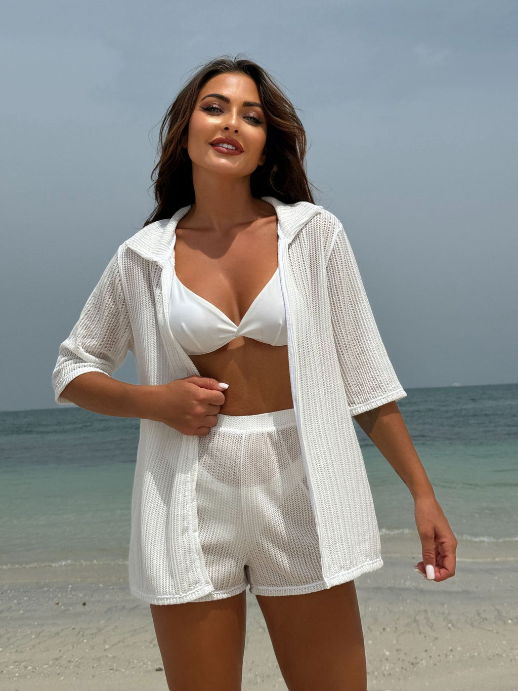 2025 European and American Pure Color New Beach Sun Protection Mesh Shirt Shorts Four-Piece Swimsuit Swimsuit Cross-Border Export