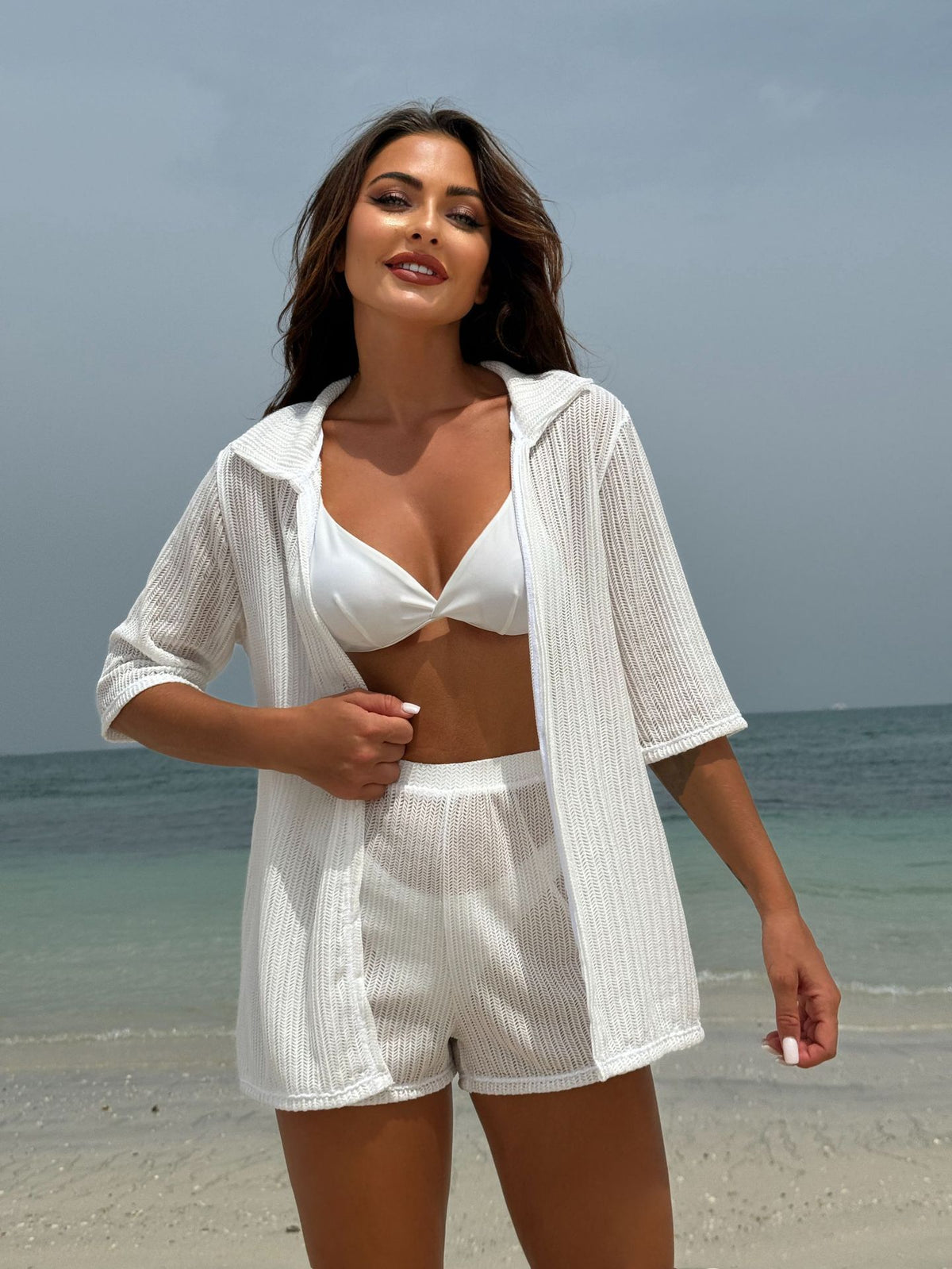 2025 European and American Pure Color New Beach Sun Protection Mesh Shirt Shorts Four-Piece Swimsuit Swimsuit Cross-Border Export