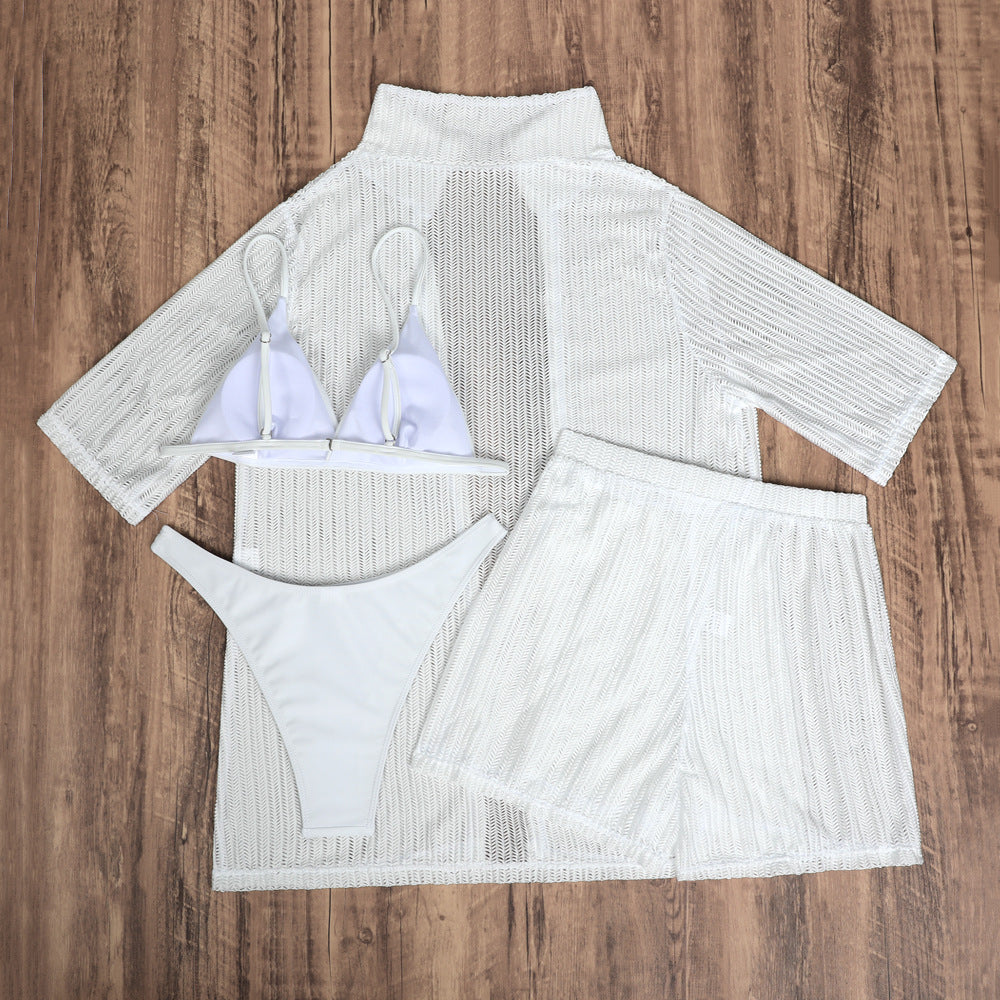 2025 European and American Pure Color New Beach Sun Protection Mesh Shirt Shorts Four-Piece Swimsuit Swimsuit Cross-Border Export