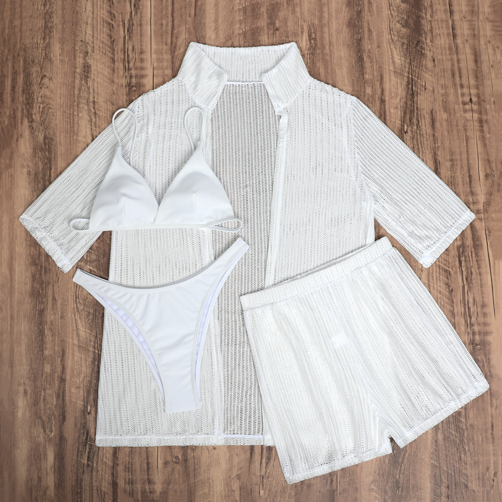 2025 European and American Pure Color New Beach Sun Protection Mesh Shirt Shorts Four-Piece Swimsuit Swimsuit Cross-Border Export