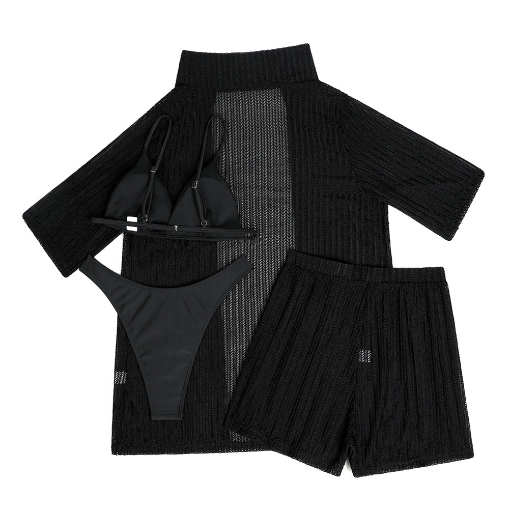 2025 European and American Pure Color New Beach Sun Protection Mesh Shirt Shorts Four-Piece Swimsuit Swimsuit Cross-Border Export