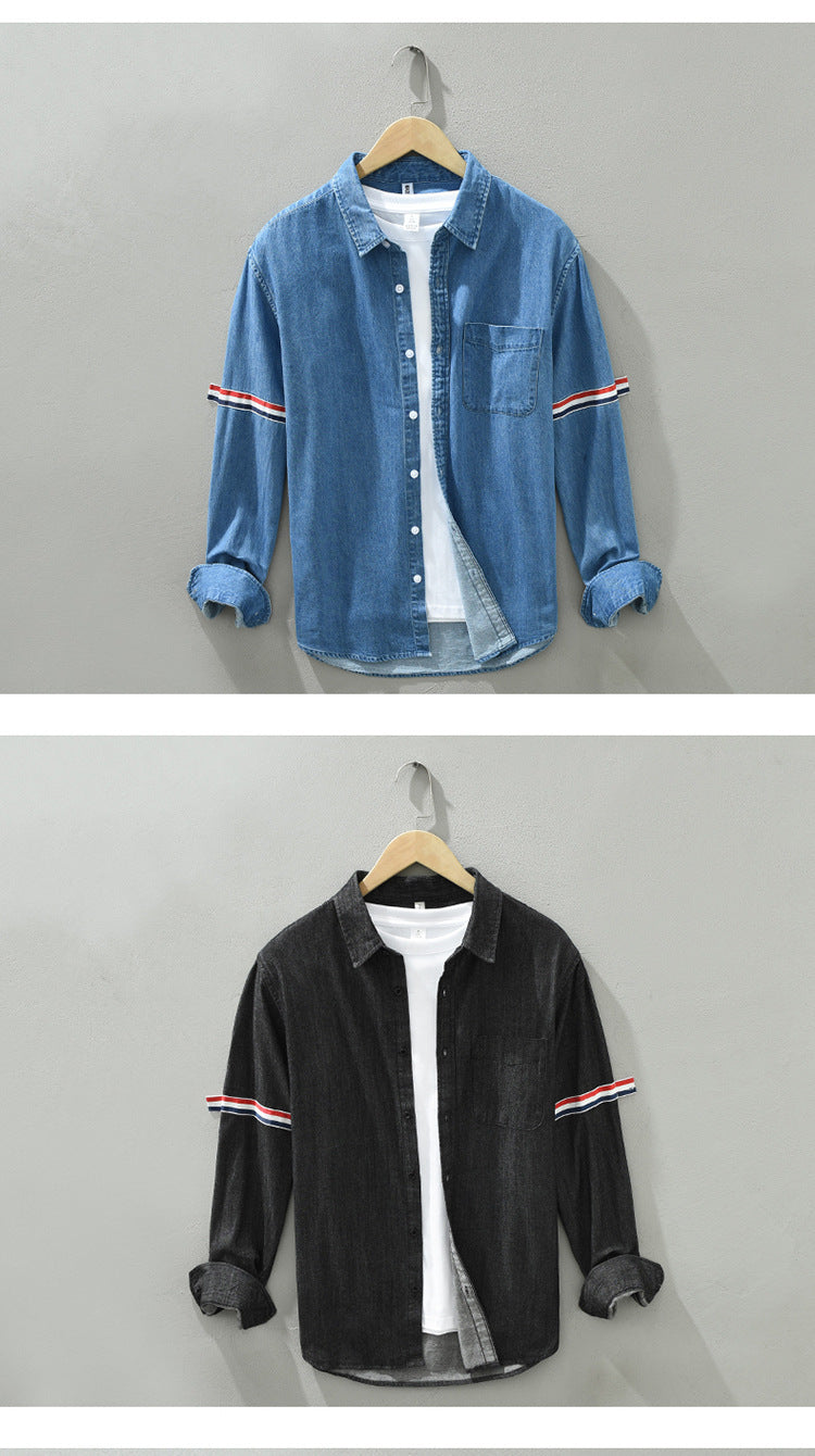 8840 trend new bar webbing stitching shirt men's long sleeve pocket blue casual shirt a generation of hair