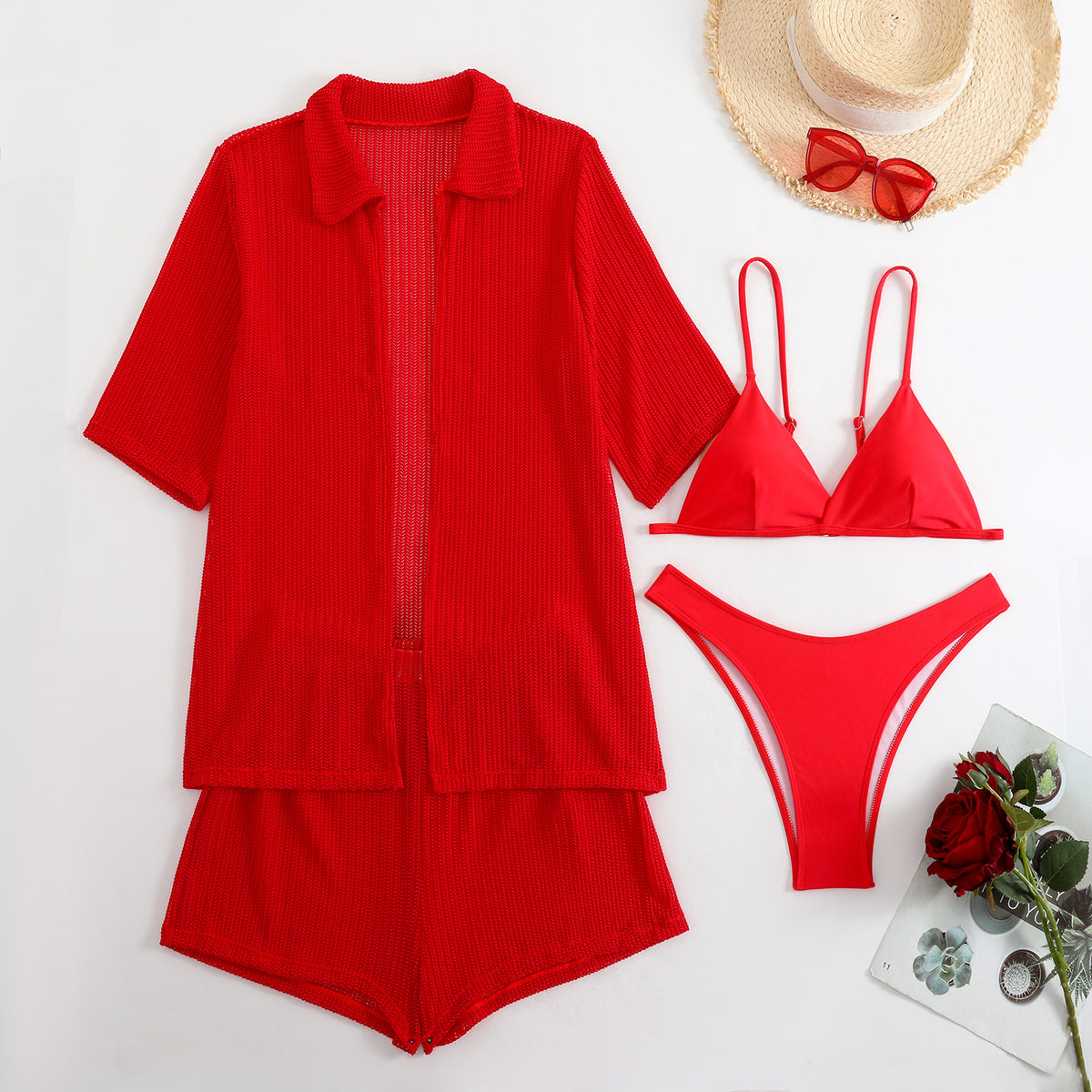 2025 European and American Pure Color New Beach Sun Protection Mesh Shirt Shorts Four-Piece Swimsuit Swimsuit Cross-Border Export