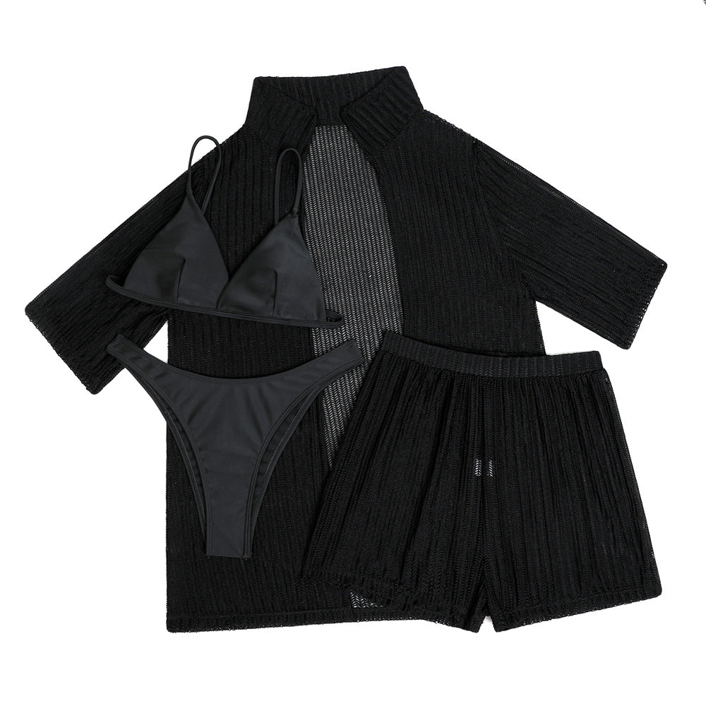 2025 European and American Pure Color New Beach Sun Protection Mesh Shirt Shorts Four-Piece Swimsuit Swimsuit Cross-Border Export