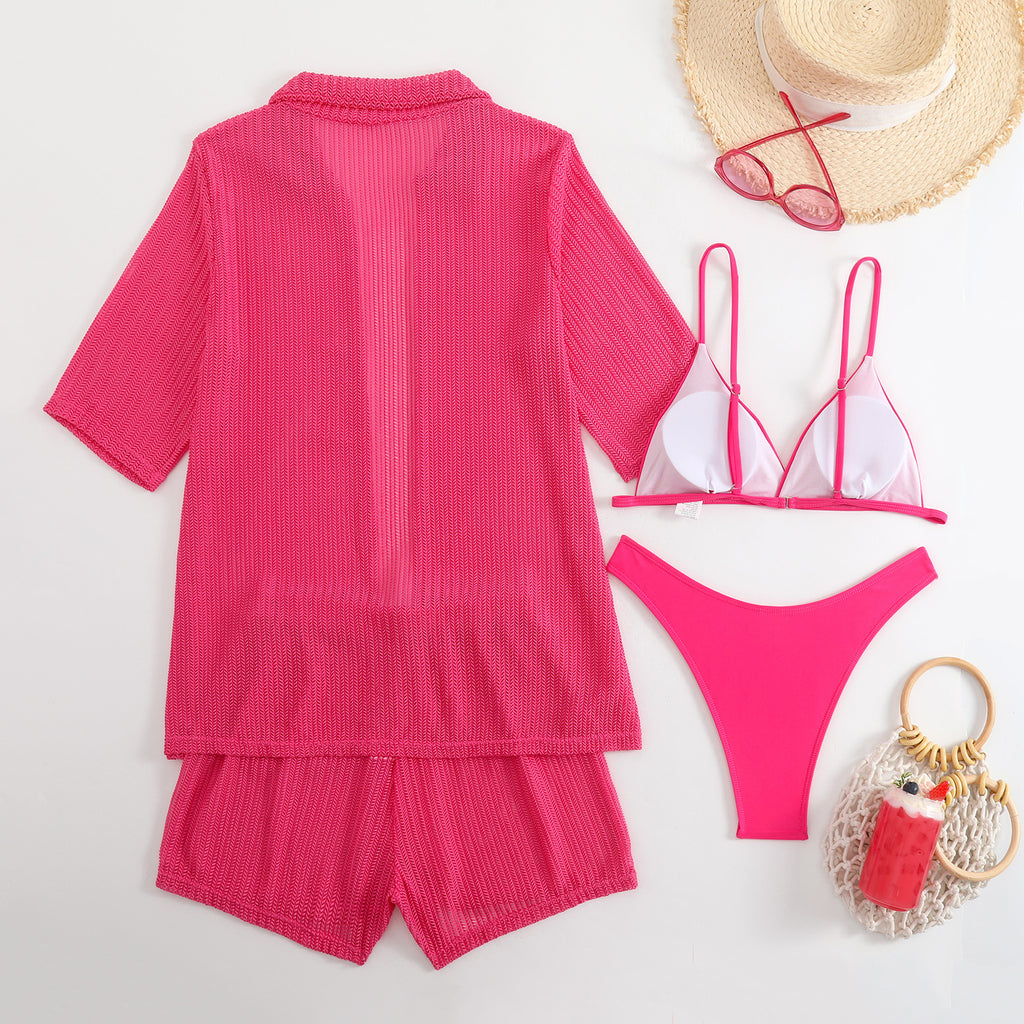 2025 European and American Pure Color New Beach Sun Protection Mesh Shirt Shorts Four-Piece Swimsuit Swimsuit Cross-Border Export
