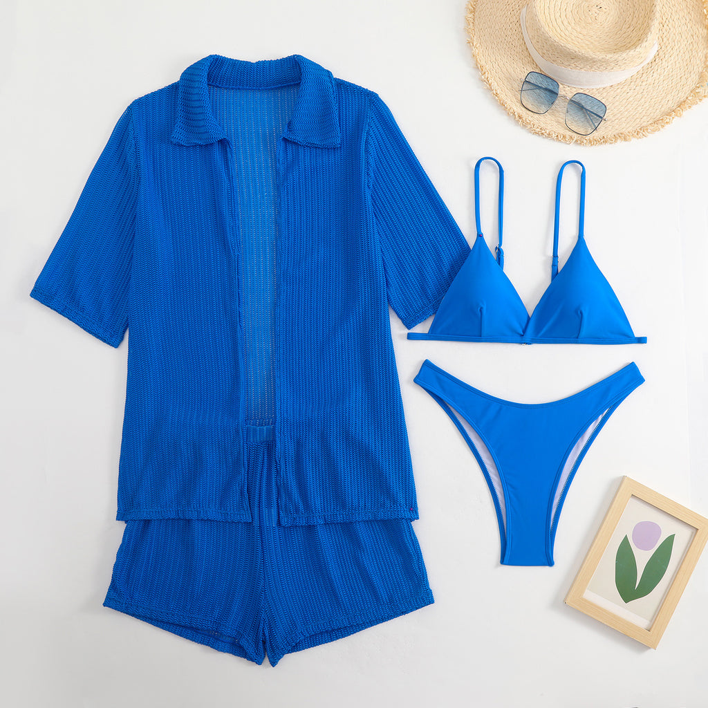 2025 European and American Pure Color New Beach Sun Protection Mesh Shirt Shorts Four-Piece Swimsuit Swimsuit Cross-Border Export