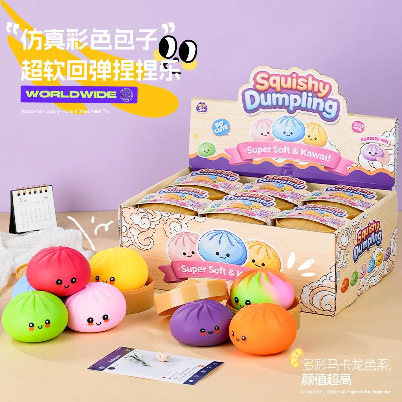 Colorful Dumpling Squishes Stress Balls Fidget Sensory Toys Simulation Food Squishies Bun with Steamer Squeeze Toy