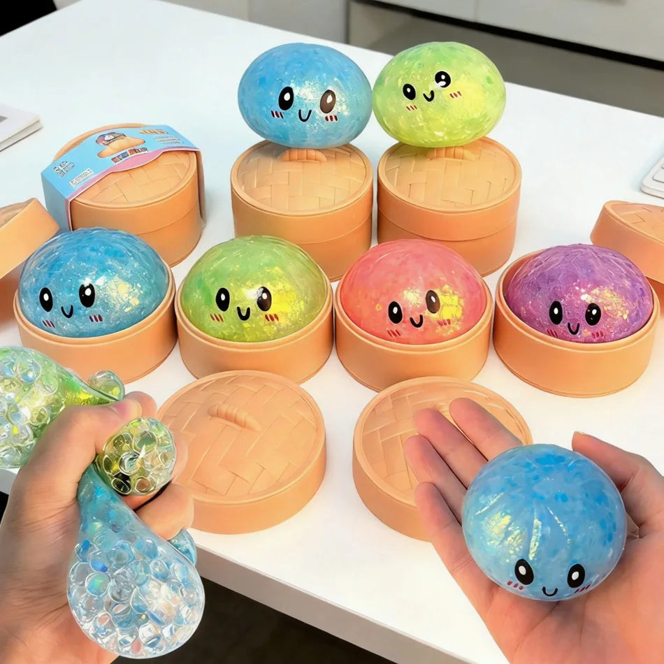 Viral Hidden Design Glitter Bead Dumpling Squishy, 1-4Pcs Blind Box with Packaging Box, Realistic Bun Squeeze Stress Relief Toy