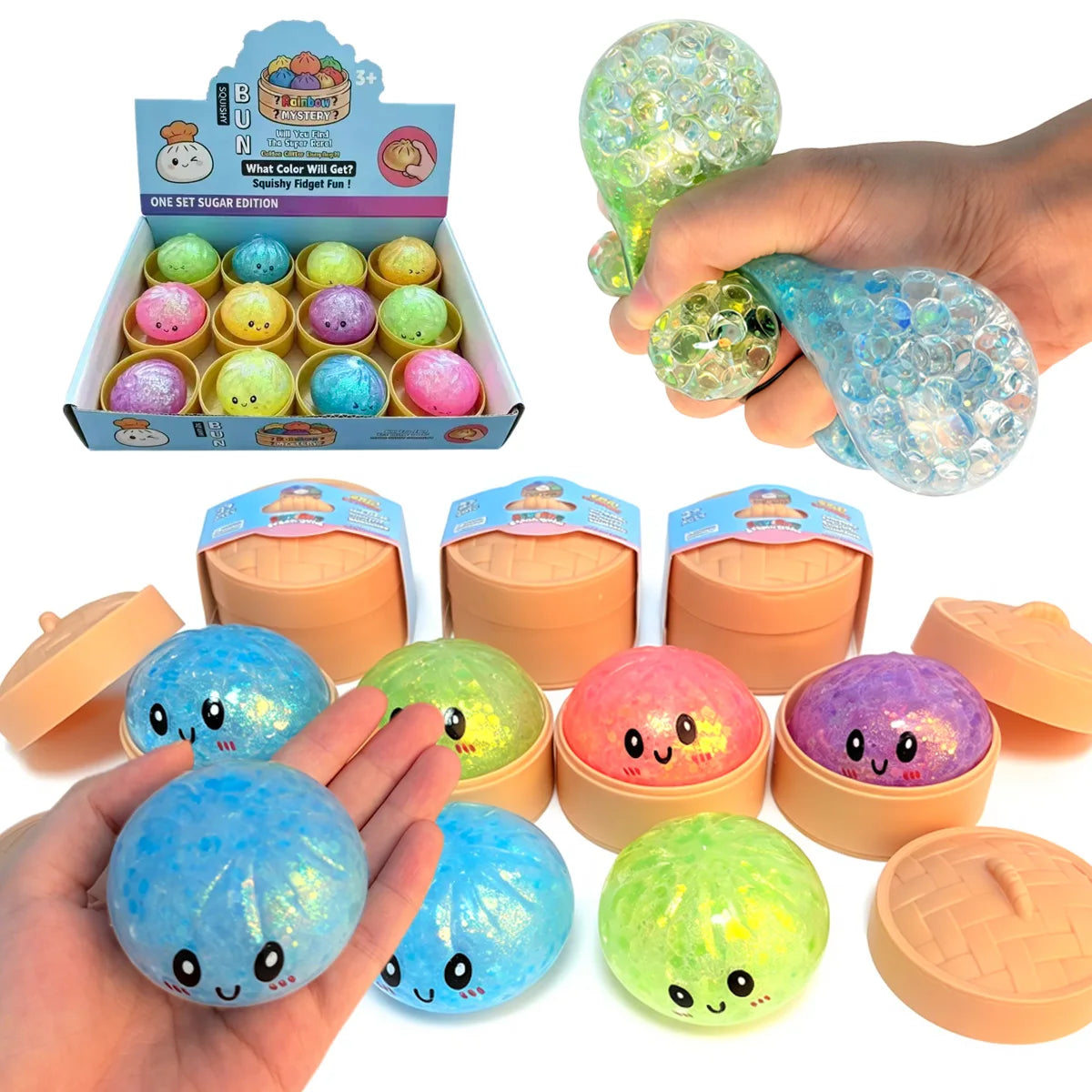Viral Hidden Design Glitter Bead Dumpling Squishy, 1-4Pcs Blind Box with Packaging Box, Realistic Bun Squeeze Stress Relief Toy