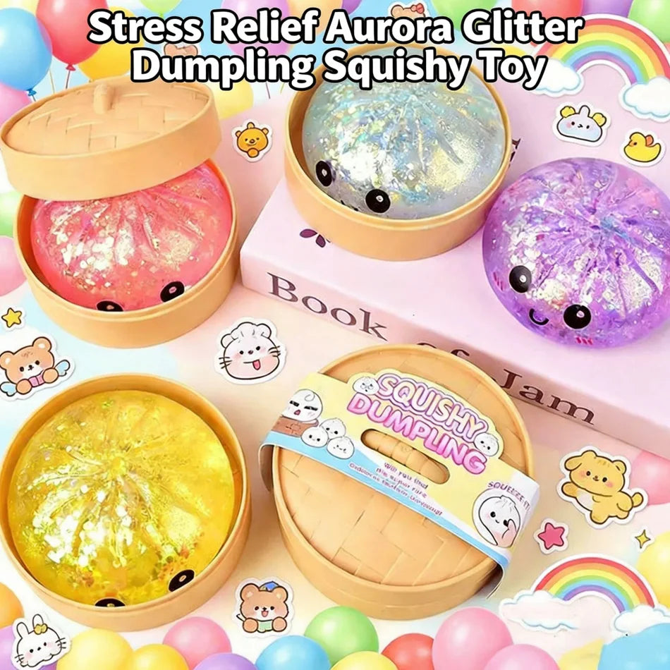Viral Hidden Design Glitter Bead Dumpling Squishy, 1-4Pcs Blind Box with Packaging Box, Realistic Bun Squeeze Stress Relief Toy