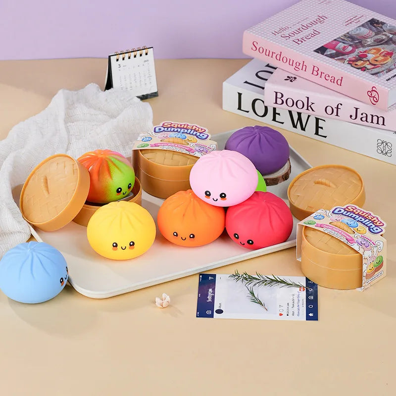 Colorful Dumpling Squishes Stress Balls Fidget Sensory Toys Simulation Food Squishies Bun with Steamer Squeeze Toy