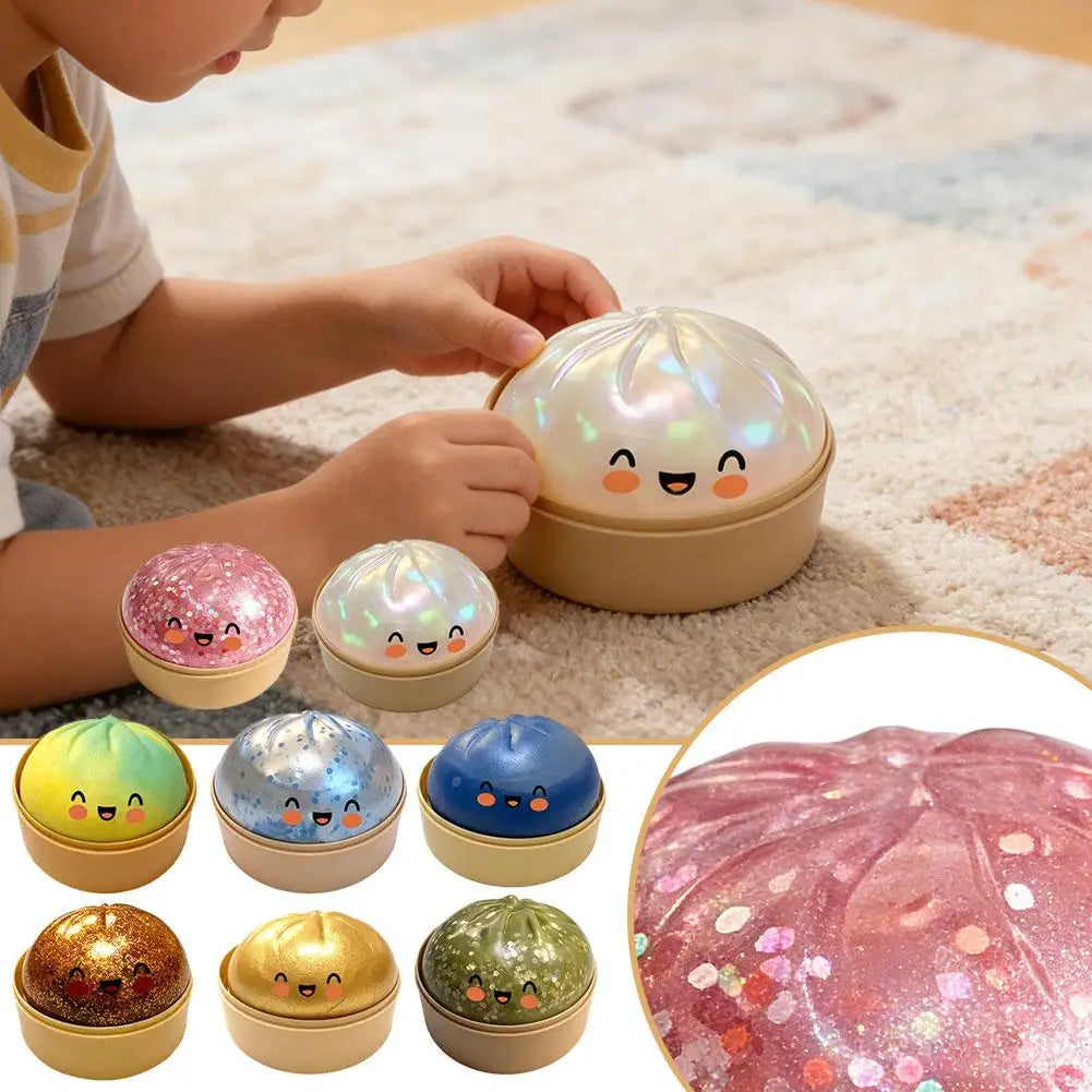 Fun Mini Bao Bun Glitter Dumpling Squishy Toy Mystery Box Free Wrappers with Steamer Stress Relief Toy Crazy Surprise Balls