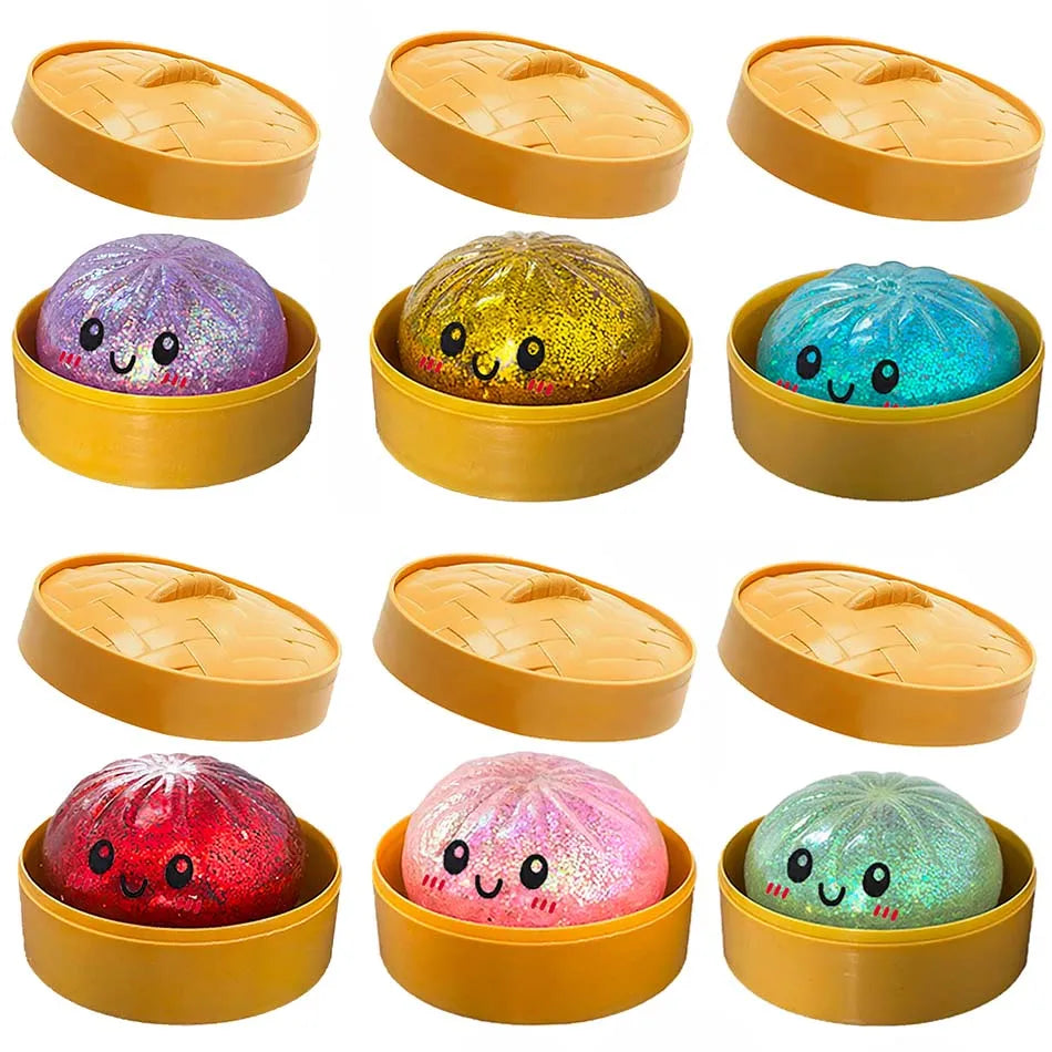 6 styles Colorful Dumpling Squishes Stress Balls Fidget Sensory Toys Squishies Bun with Steamer Squeeze Dough Ball Gifts