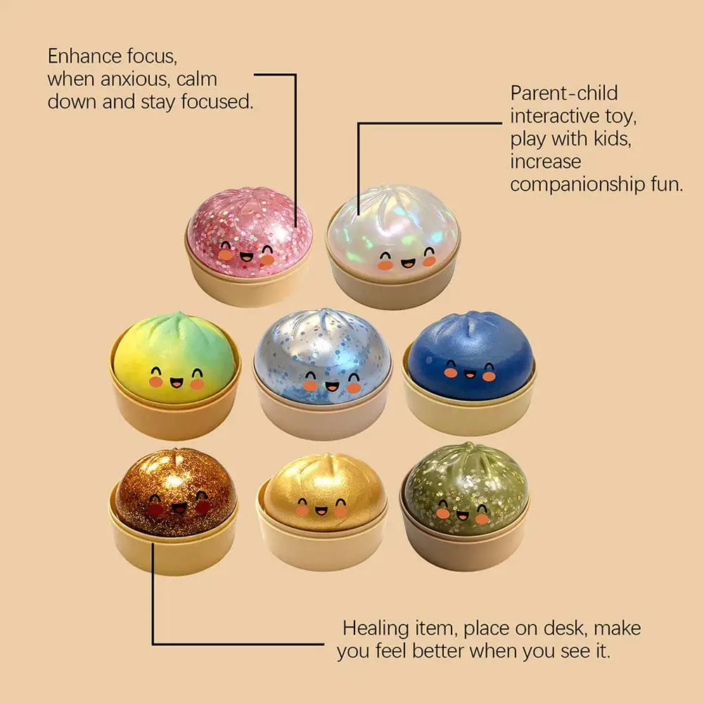 Fun Mini Bao Bun Glitter Dumpling Squishy Toy Mystery Box Free Wrappers with Steamer Stress Relief Toy Crazy Surprise Balls