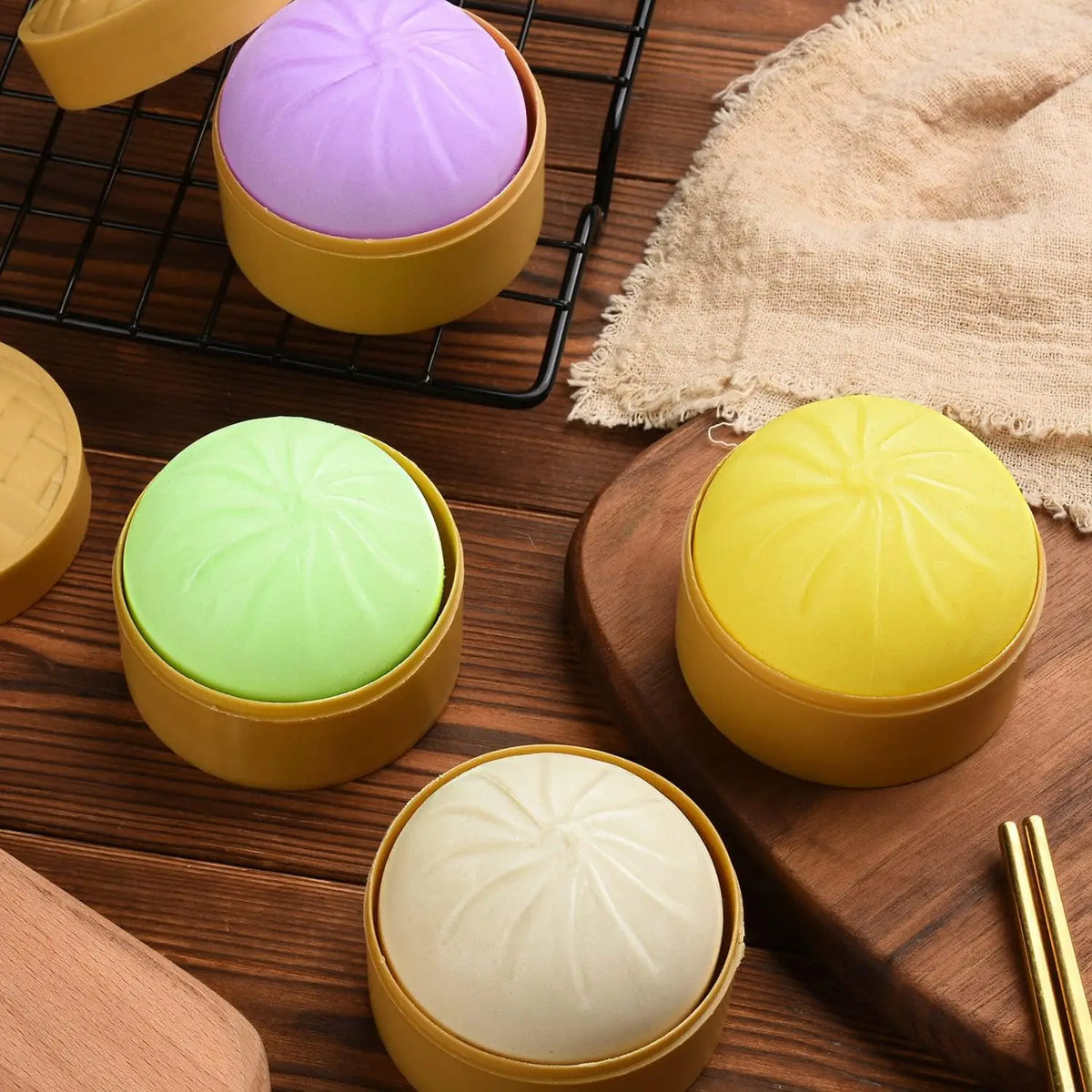 Colorful Dumpling Squishes Stress Balls Fidget Sensory Toys Simulation Food Squishies Bun with Steamer Squeeze Dough Ball Gifts