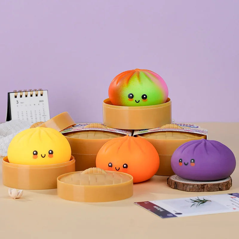 Colorful Dumpling Squishes Stress Balls Fidget Sensory Toys Simulation Food Squishies Bun with Steamer Squeeze Toy