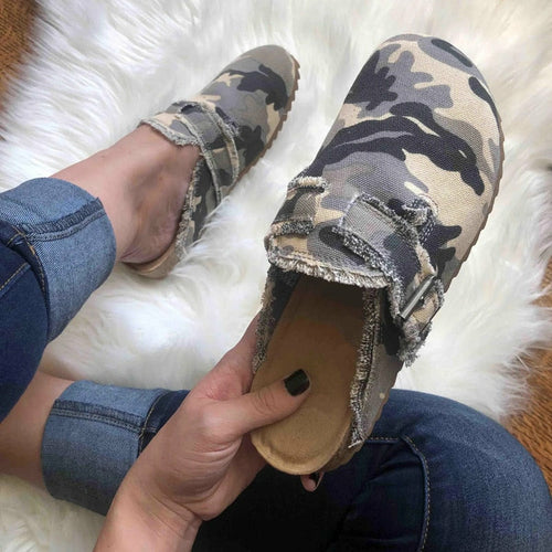 Mocassins Femme Vintage en Toile – Talon Plat Bout Rond | Women's Flat Canvas Loafer Clogs