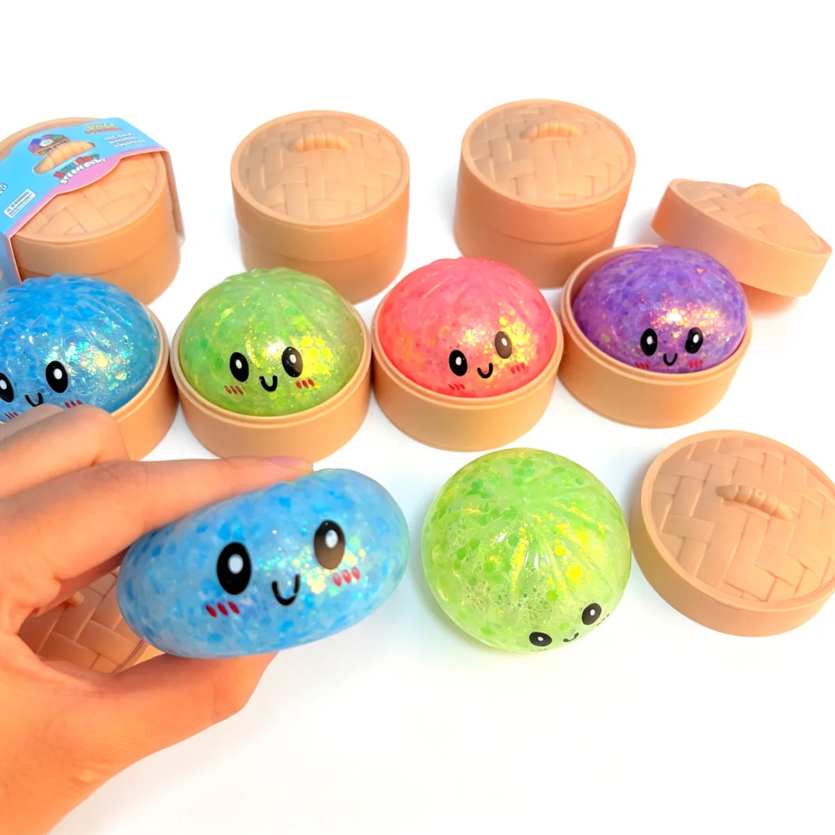 Viral Hidden Design Glitter Bead Dumpling Squishy, 1-4Pcs Blind Box with Packaging Box, Realistic Bun Squeeze Stress Relief Toy
