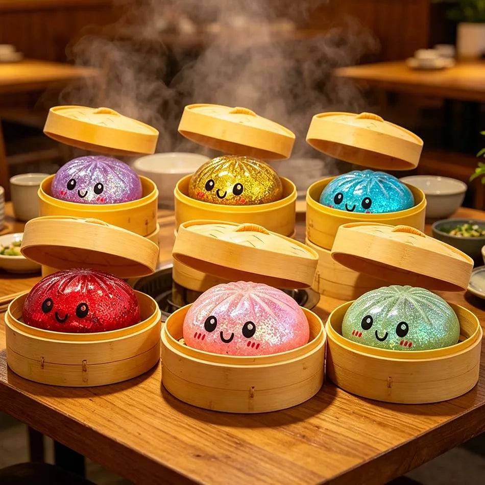 6 styles Colorful Dumpling Squishes Stress Balls Fidget Sensory Toys Squishies Bun with Steamer Squeeze Dough Ball Gifts