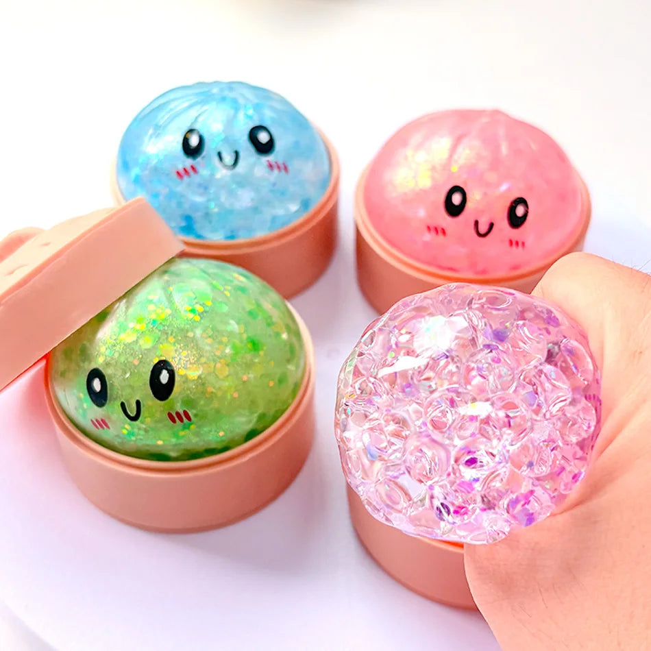 Viral Hidden Design Glitter Bead Dumpling Squishy, 1-4Pcs Blind Box with Packaging Box, Realistic Bun Squeeze Stress Relief Toy