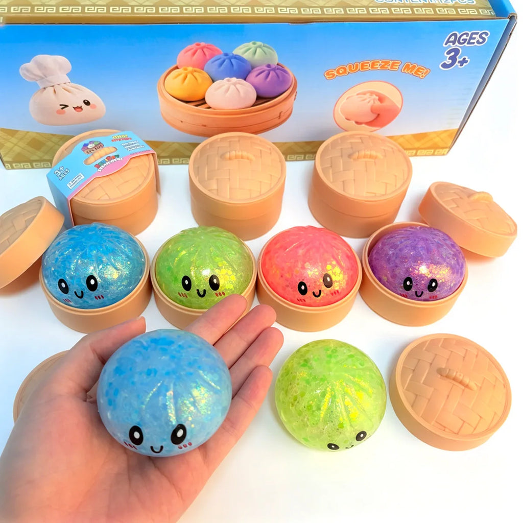 Viral Hidden Design Glitter Bead Dumpling Squishy, 1-4Pcs Blind Box with Packaging Box, Realistic Bun Squeeze Stress Relief Toy