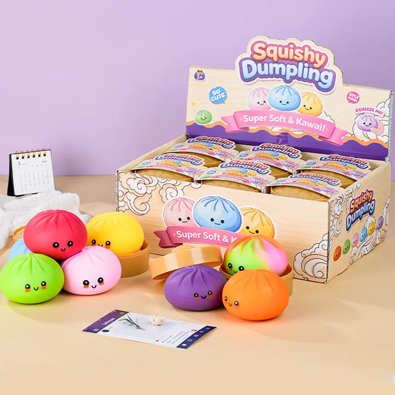 Colorful Dumpling Squishes Stress Balls Fidget Sensory Toys Simulation Food Squishies Bun with Steamer Squeeze Toy