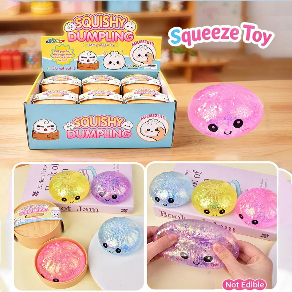 Viral Hidden Design Glitter Bead Dumpling Squishy, 1-4Pcs Blind Box with Packaging Box, Realistic Bun Squeeze Stress Relief Toy