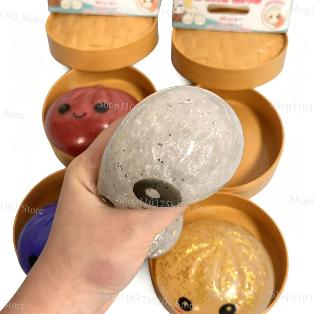Glitter Dumplings Squishy Soft with Steamer Squishy Fidget Slow Resilience Stress Relief Sensory Ball